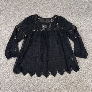 Maeve Blouse Womens M Black Crochet Lace Studded Boho Peasant Festival